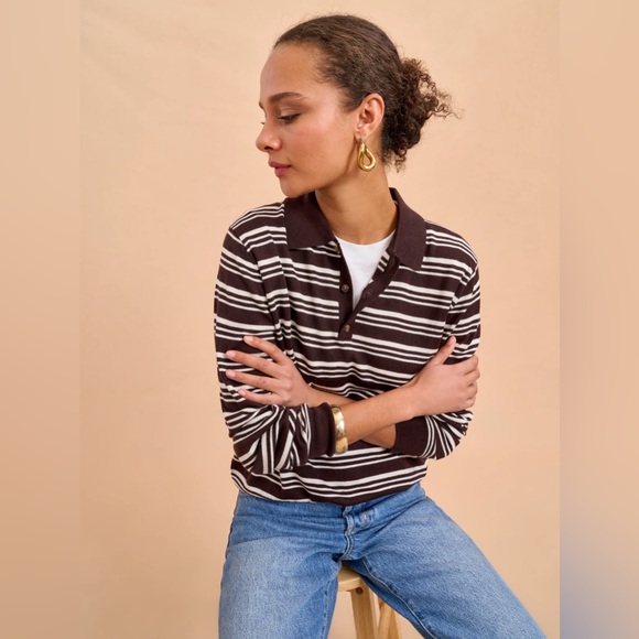La Ligne Ben Brown & White Striped Polo Long-Sleeve Sweater